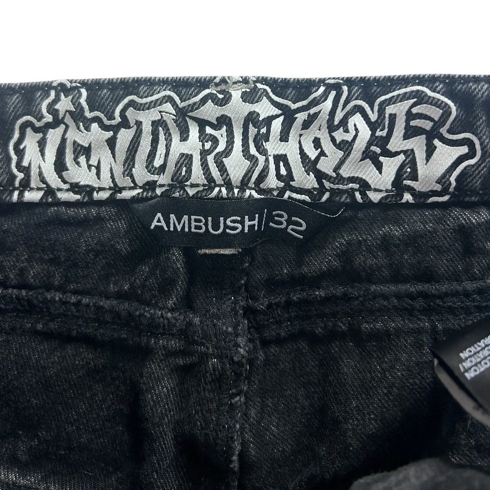 Ambush Mens 32 Baggy Jeans Acid Wash Black Embroidered Panther Snake Y2K Street